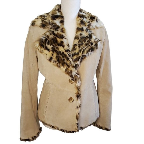 90s Y2K Suede Leather Jacket Faux Fur Leopard Collar Beige Penny Lane Sz Small - Picture 2 of 11
